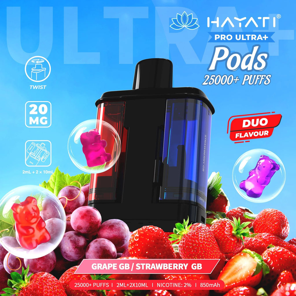 Vape pod with fruit graphics and Hayati branding on a blue background