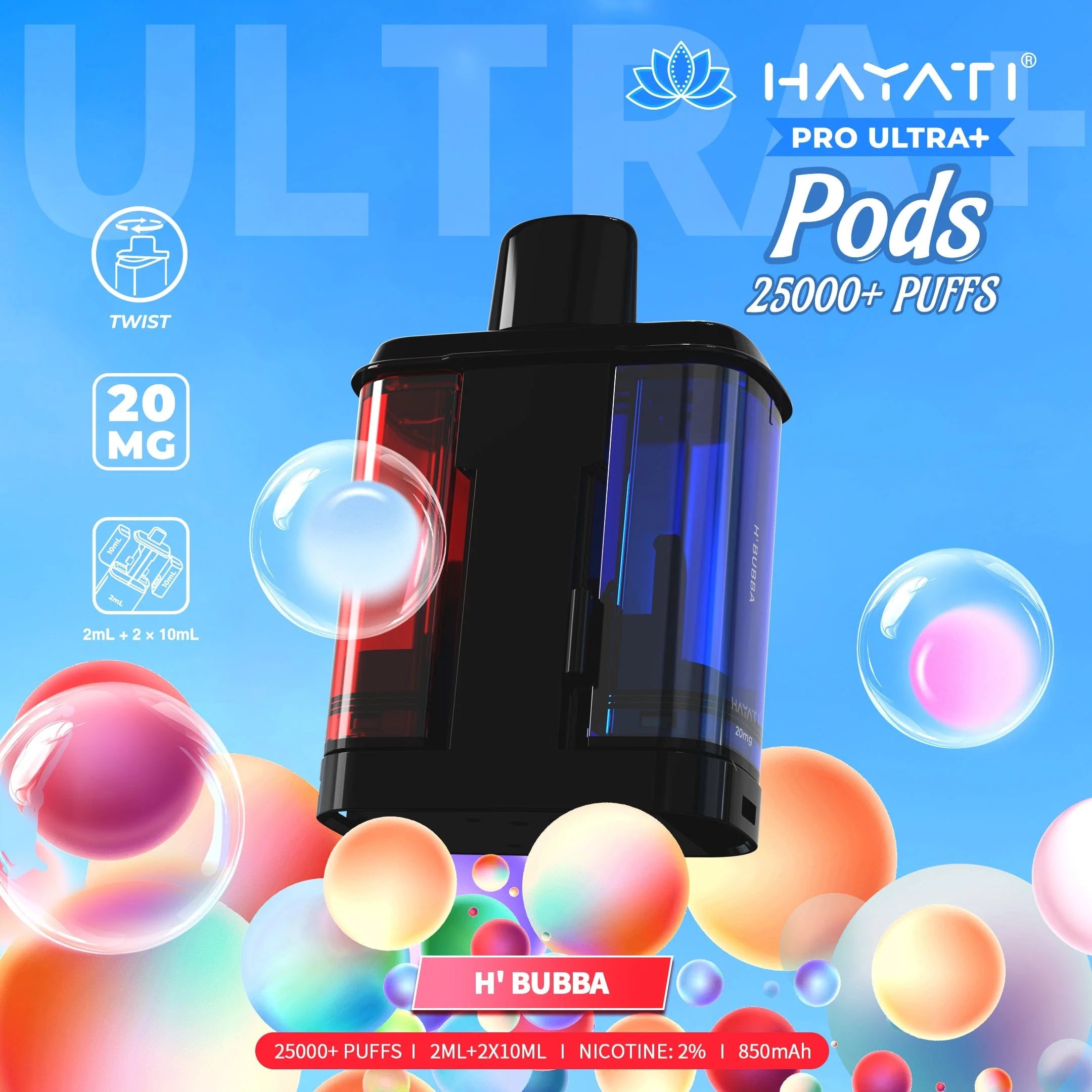 Vape pod with colorful bubbles on a blue background, featuring Hayati branding.