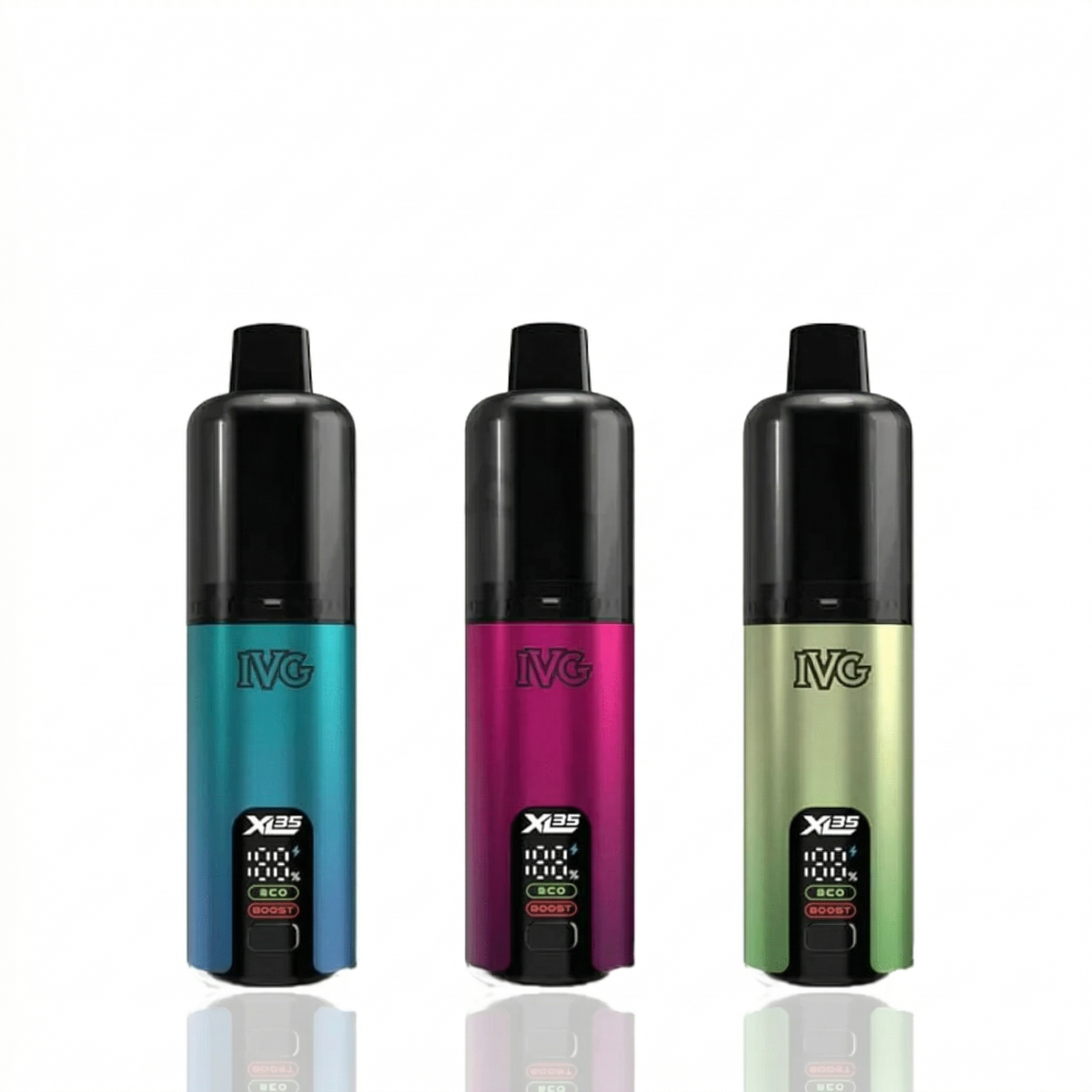 Three IVG vape devices in teal, pink, and green on a white background