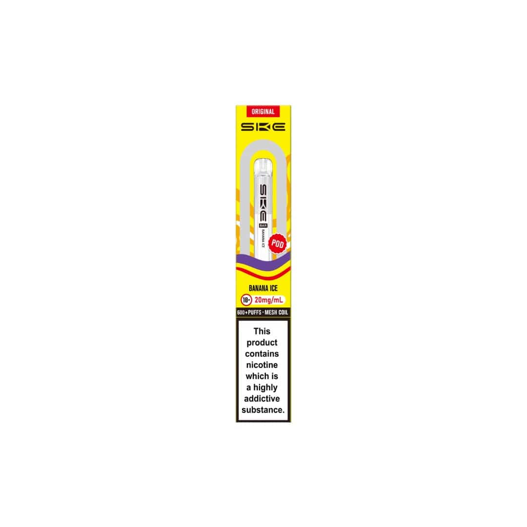SKE vape pen packaging with nicotine warning label on a white background