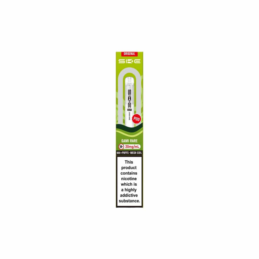 SKE vape pen packaging with nicotine warning label on a white background