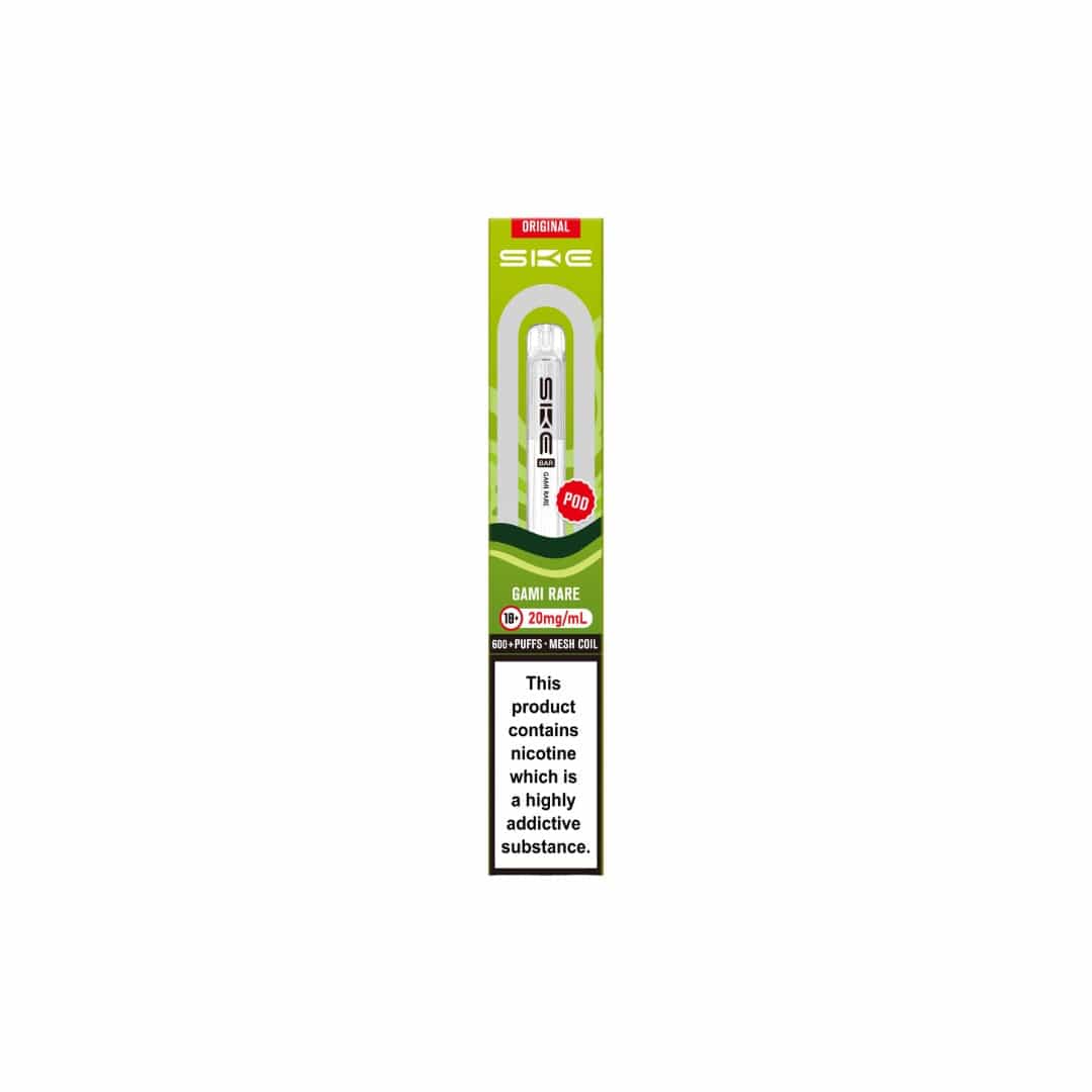 SKE vape pen packaging with nicotine warning label on a white background