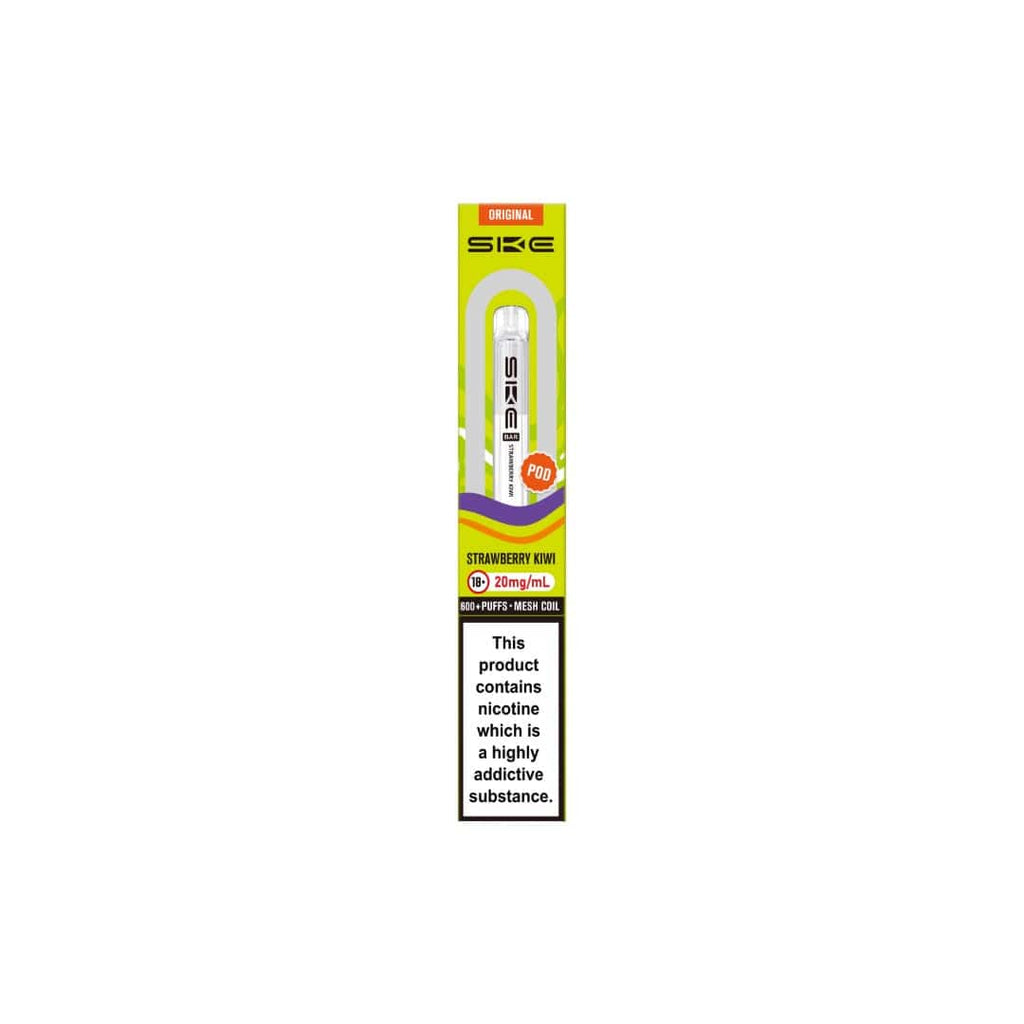 SKE vape pen packaging with nicotine warning label on a white background