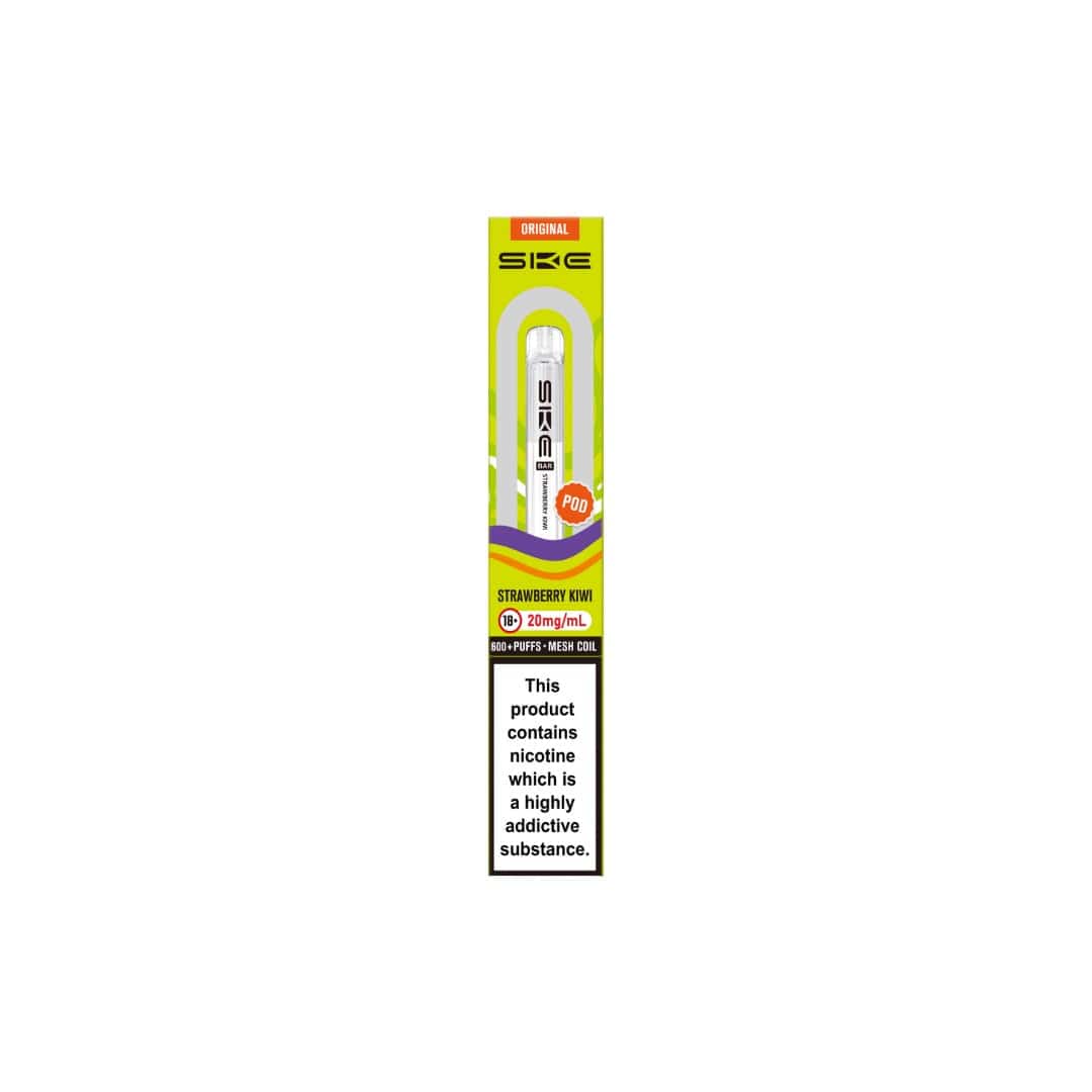 SKE vape pen packaging with nicotine warning label on a white background