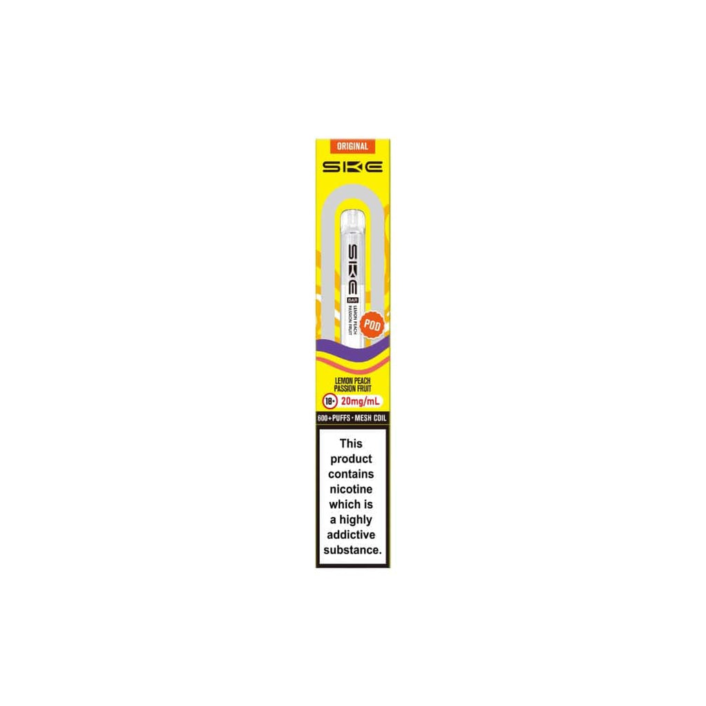 SKE vape pen packaging with nicotine warning label on a white background