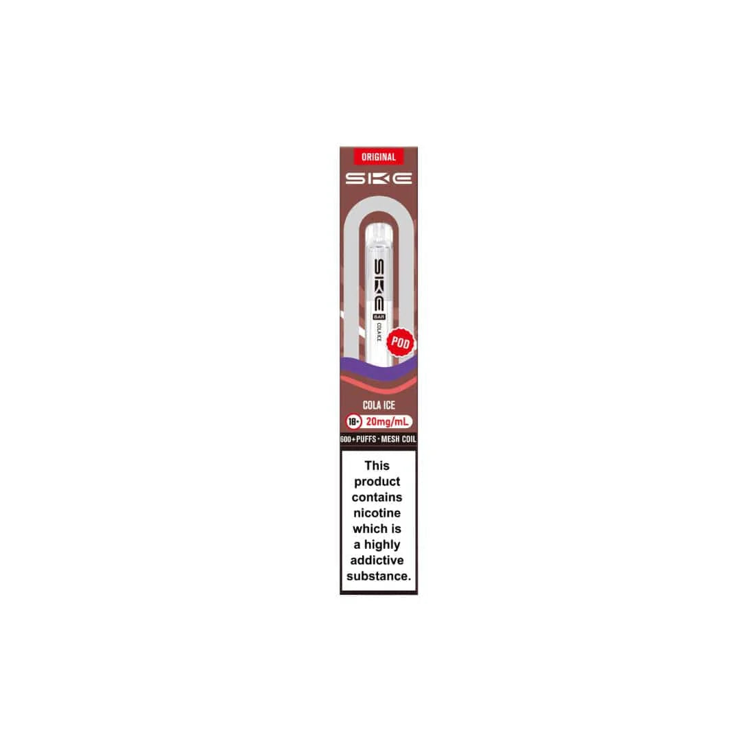 SKE vape device packaging with nicotine warning label on a white background