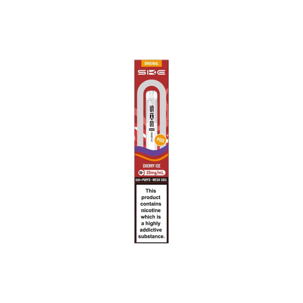 SKE vape pen packaging with cherry ice flavor on a white background