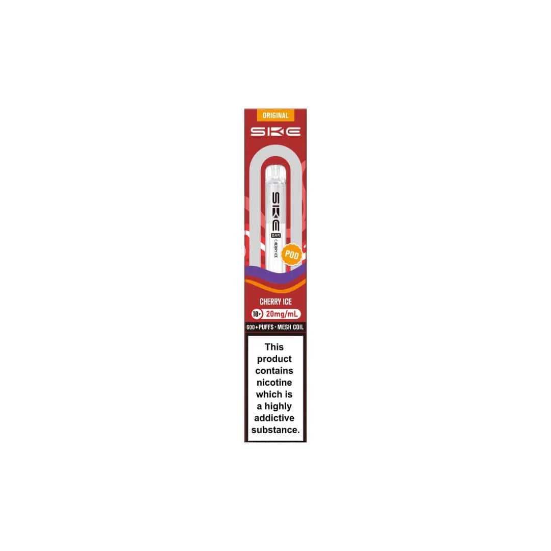 SKE vape pen packaging with cherry ice flavor on a white background