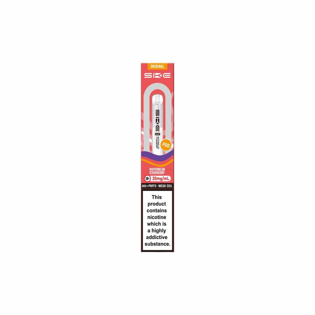 SKE vape pen packaging with nicotine warning label on a white background