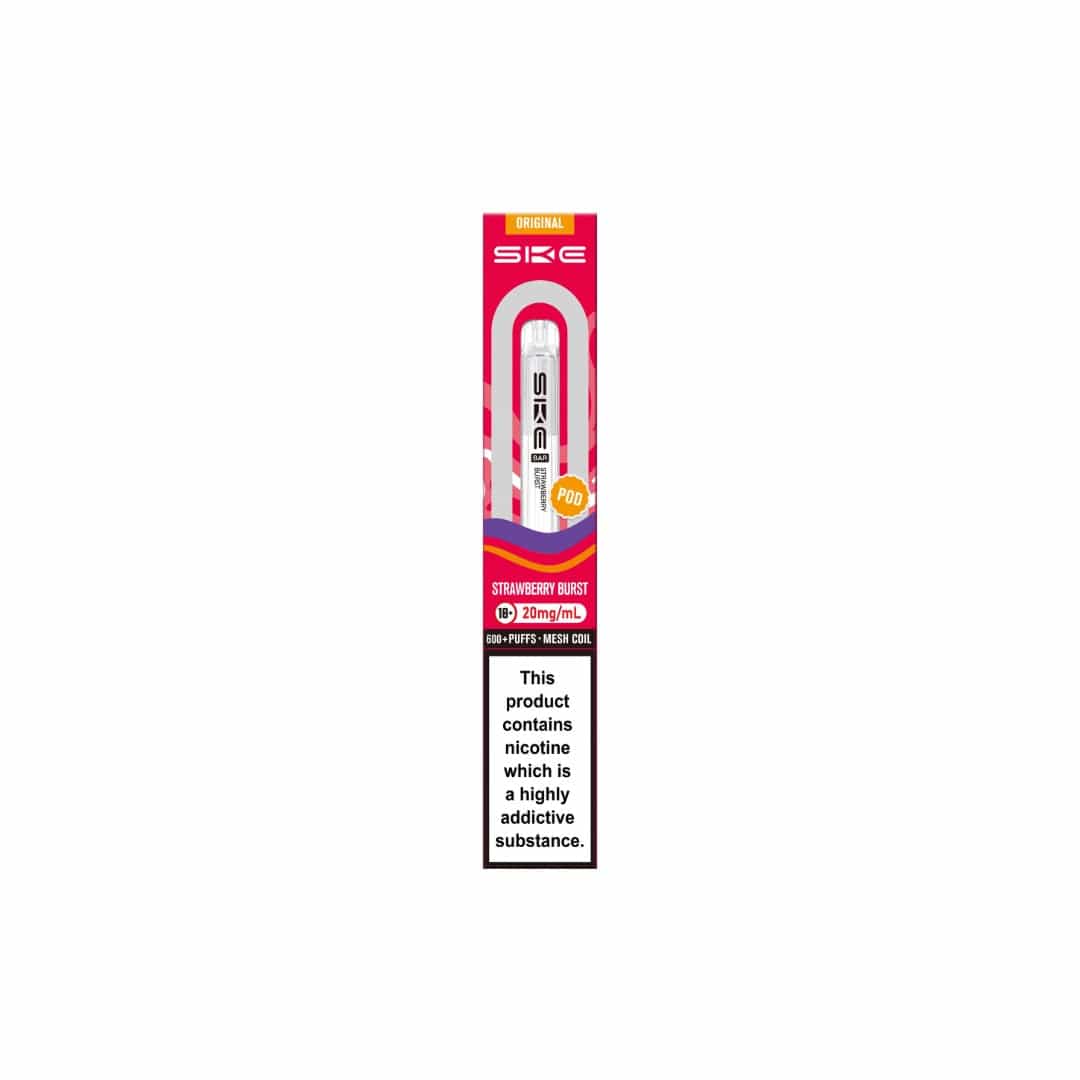SKE vape pen packaging with nicotine warning label on a white background