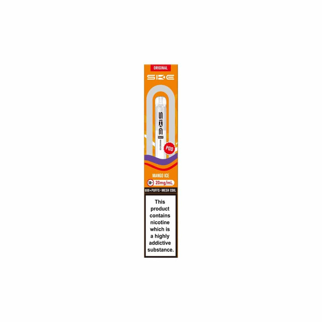 SKE vape pen packaging with nicotine warning label on a white background
