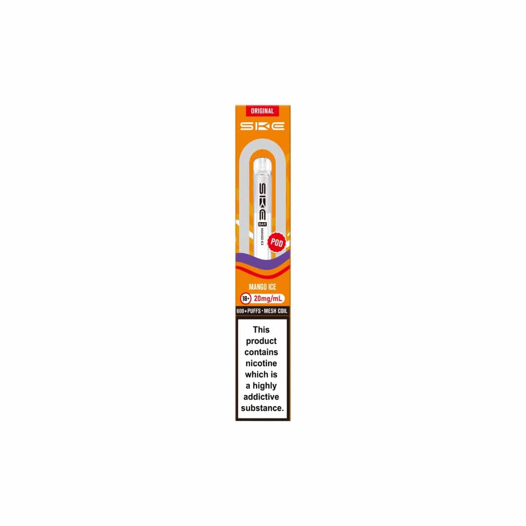 SKE vape pen packaging with nicotine warning label on a white background