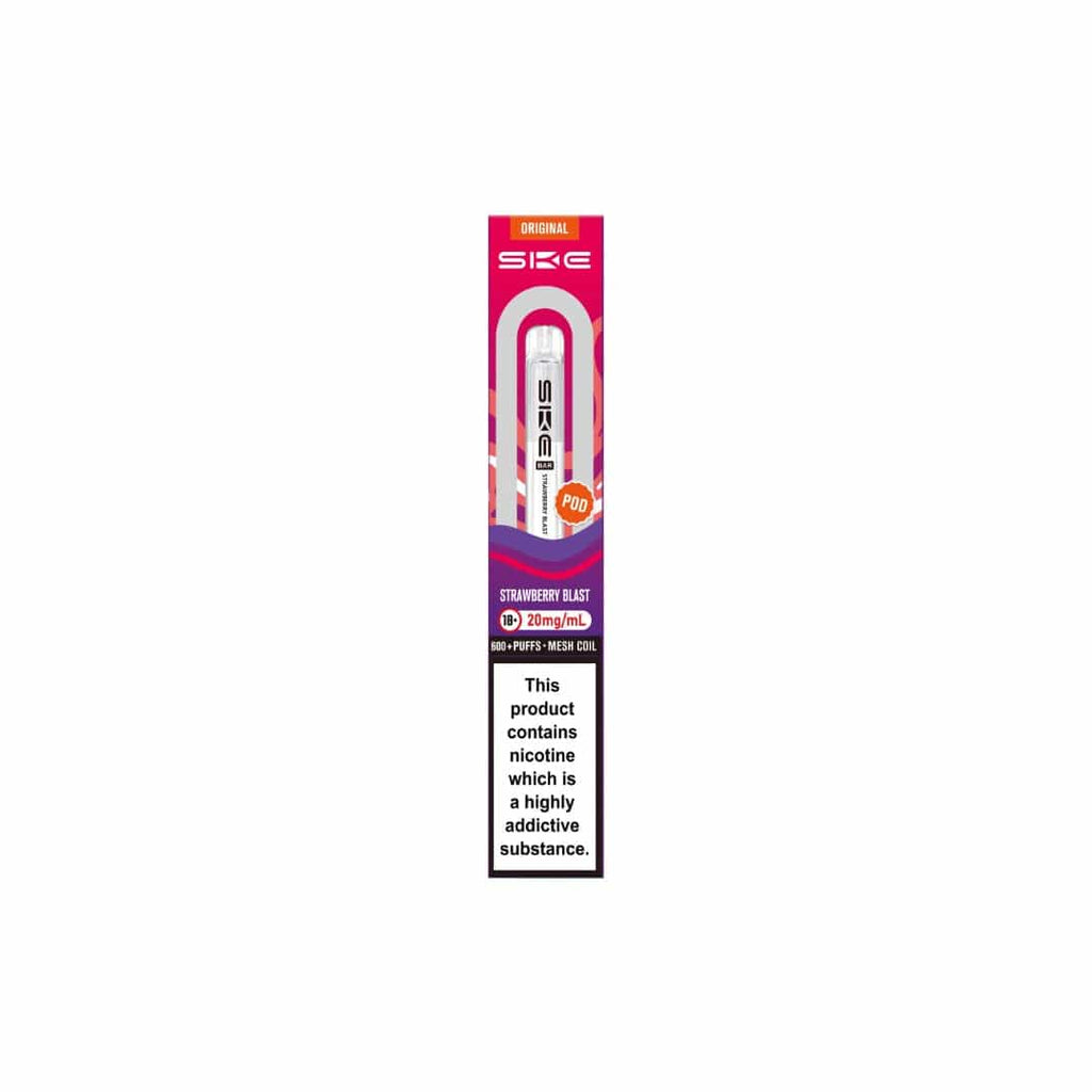 SKE vape pen packaging with strawberry blast flavor on a white background