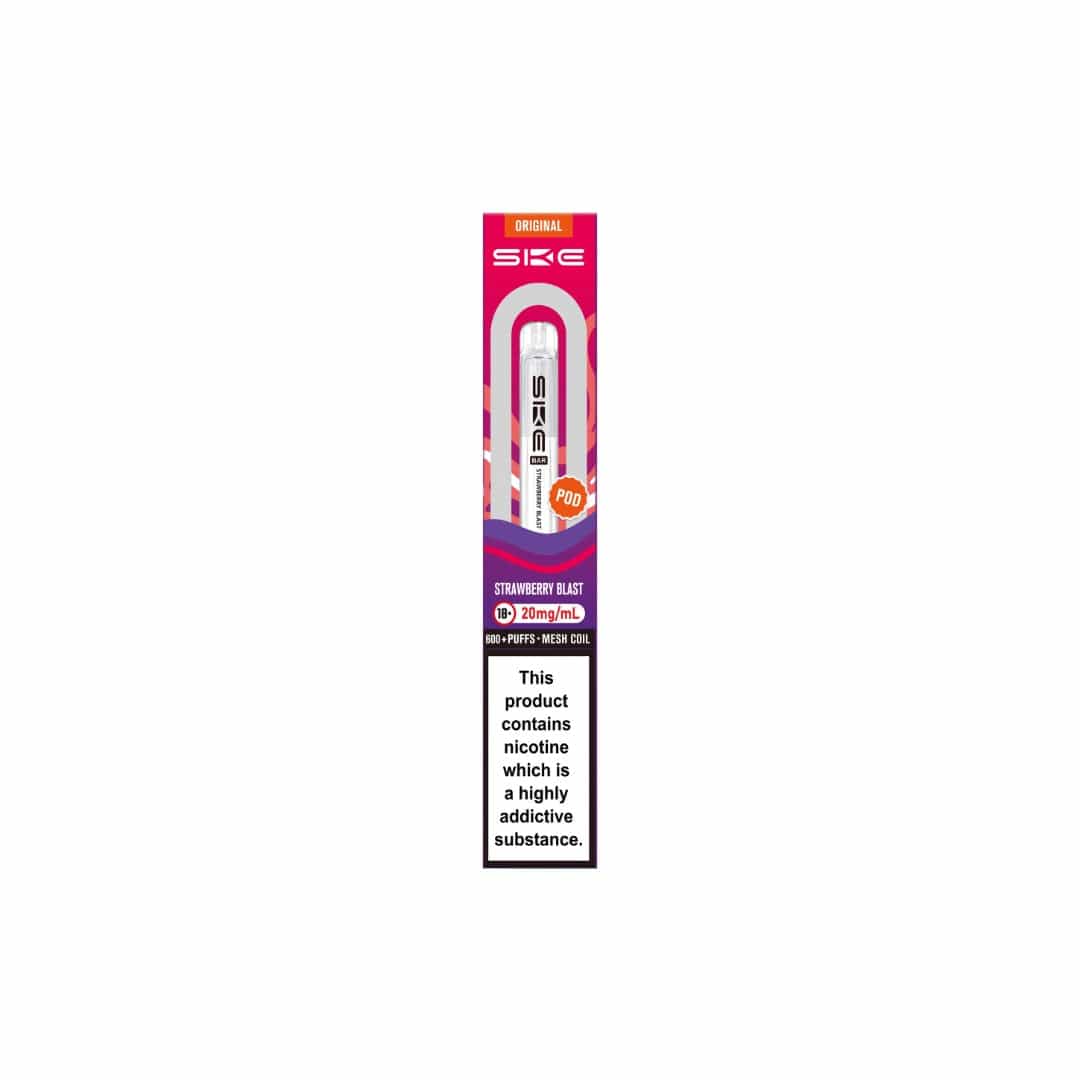 SKE vape pen packaging with strawberry blast flavor on a white background