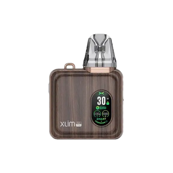 OXVA SQ Pro in walnut wood with copper trim and OLED screen.