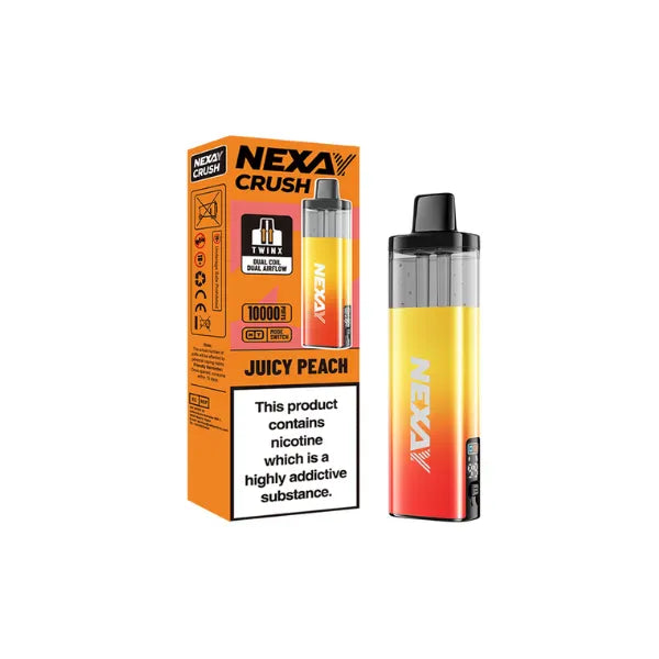 Nexa Crush Juicy Peach vape device and packaging on a white background