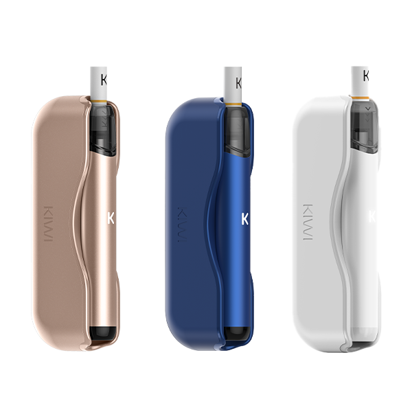 Three KIWI vape devices in rose gold, blue, and white shown side by side