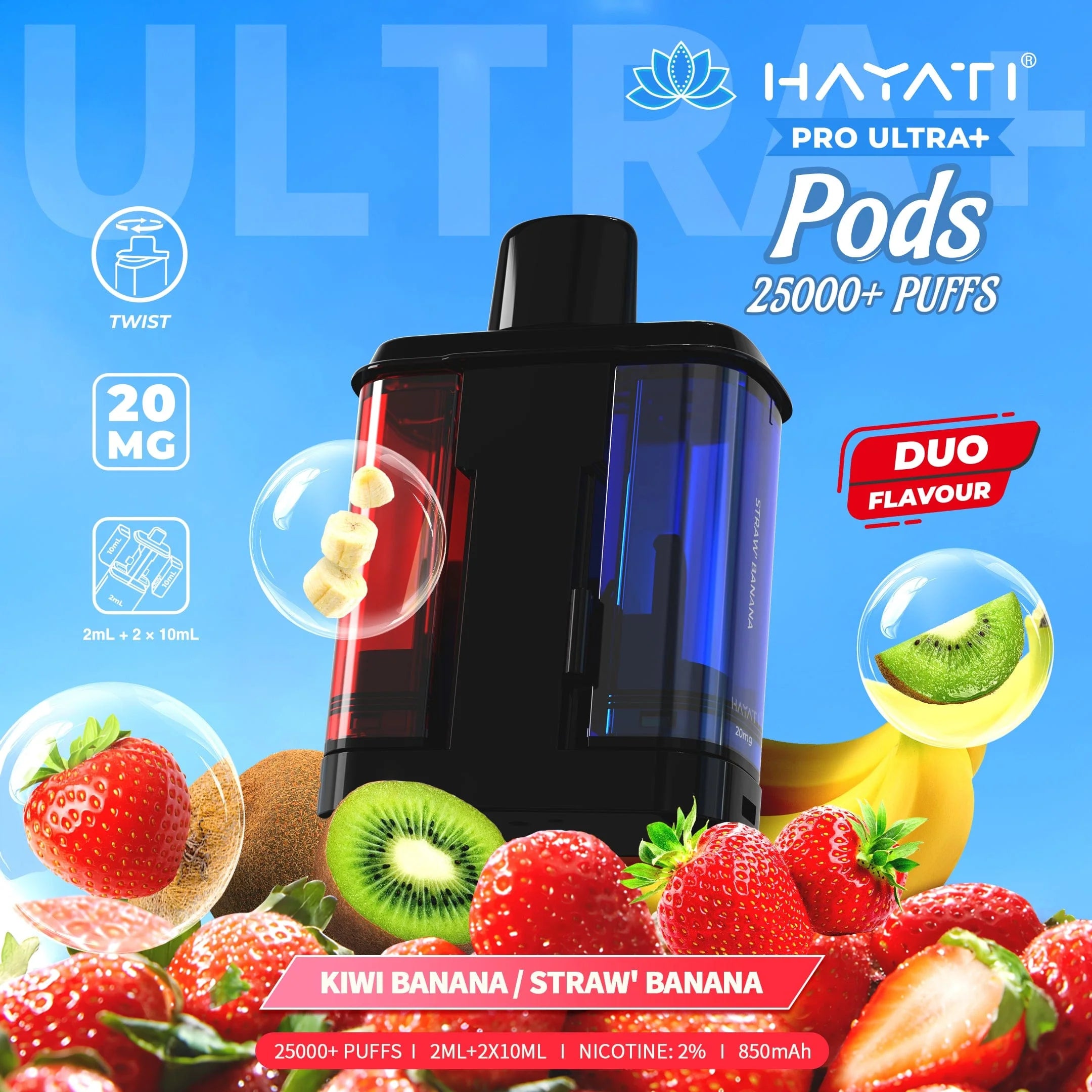 Hayati Pro Ultra+ Pods packaging with fruit graphics on a blue background