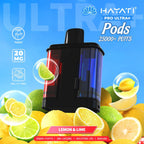 Hayati Pro Ultra+ Pods vaping device with lemon and lime graphics on a blue background