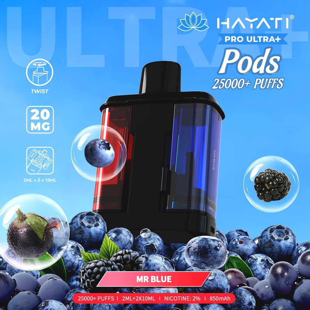 Hayati Pro Ultra+ Pods packaging with blueberries and blackberries on a blue background
