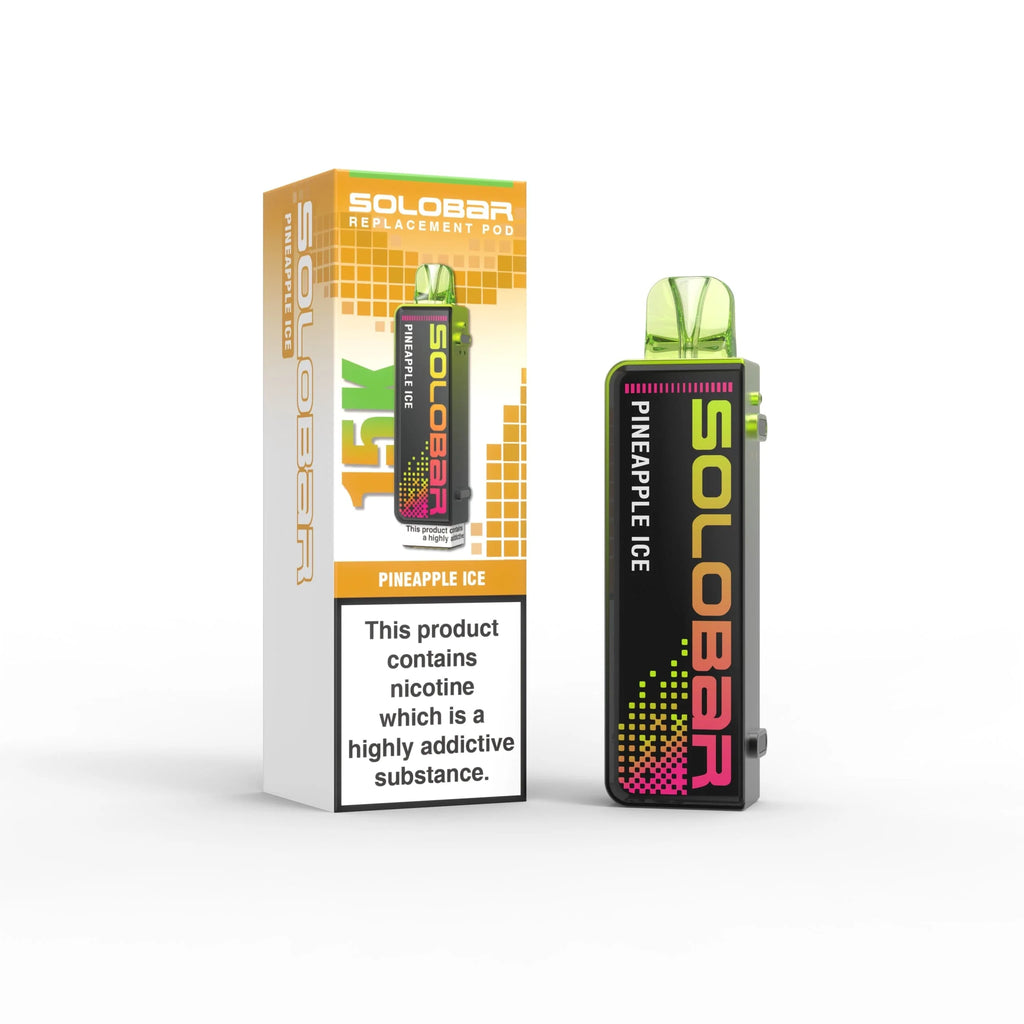 Solobar vape device with pineapple ice flavor on a white background