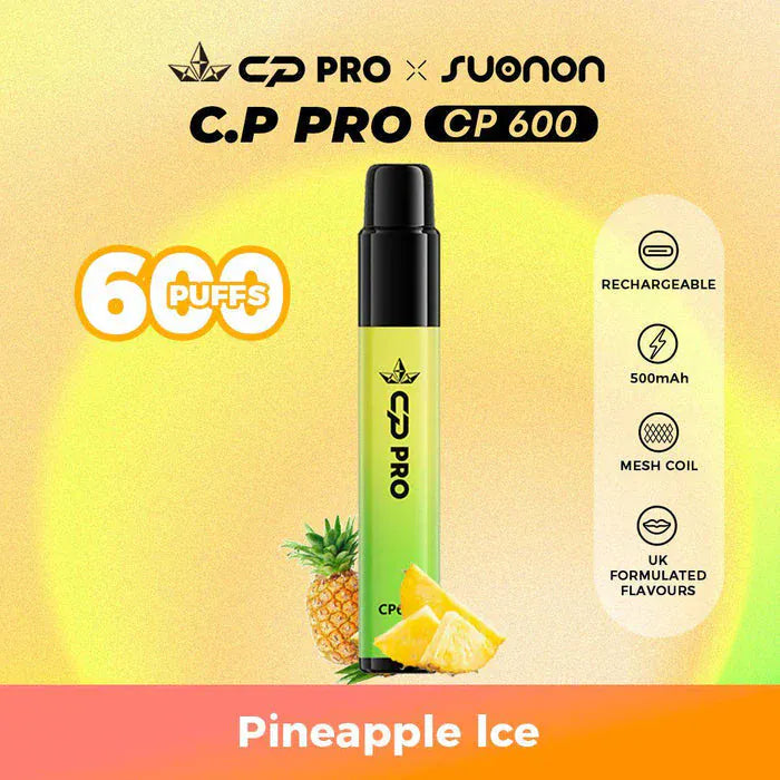 C.P Pro CP 600 vape device with pineapple and lemon graphics on a gradient background