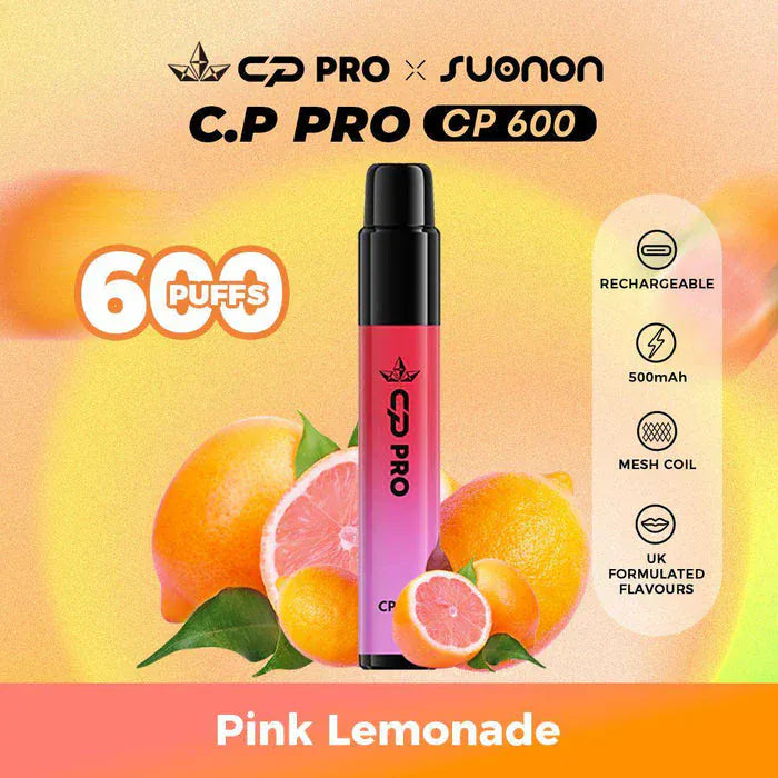 C.P Pro CP 600 vape device with pink lemonade flavor on a colorful background