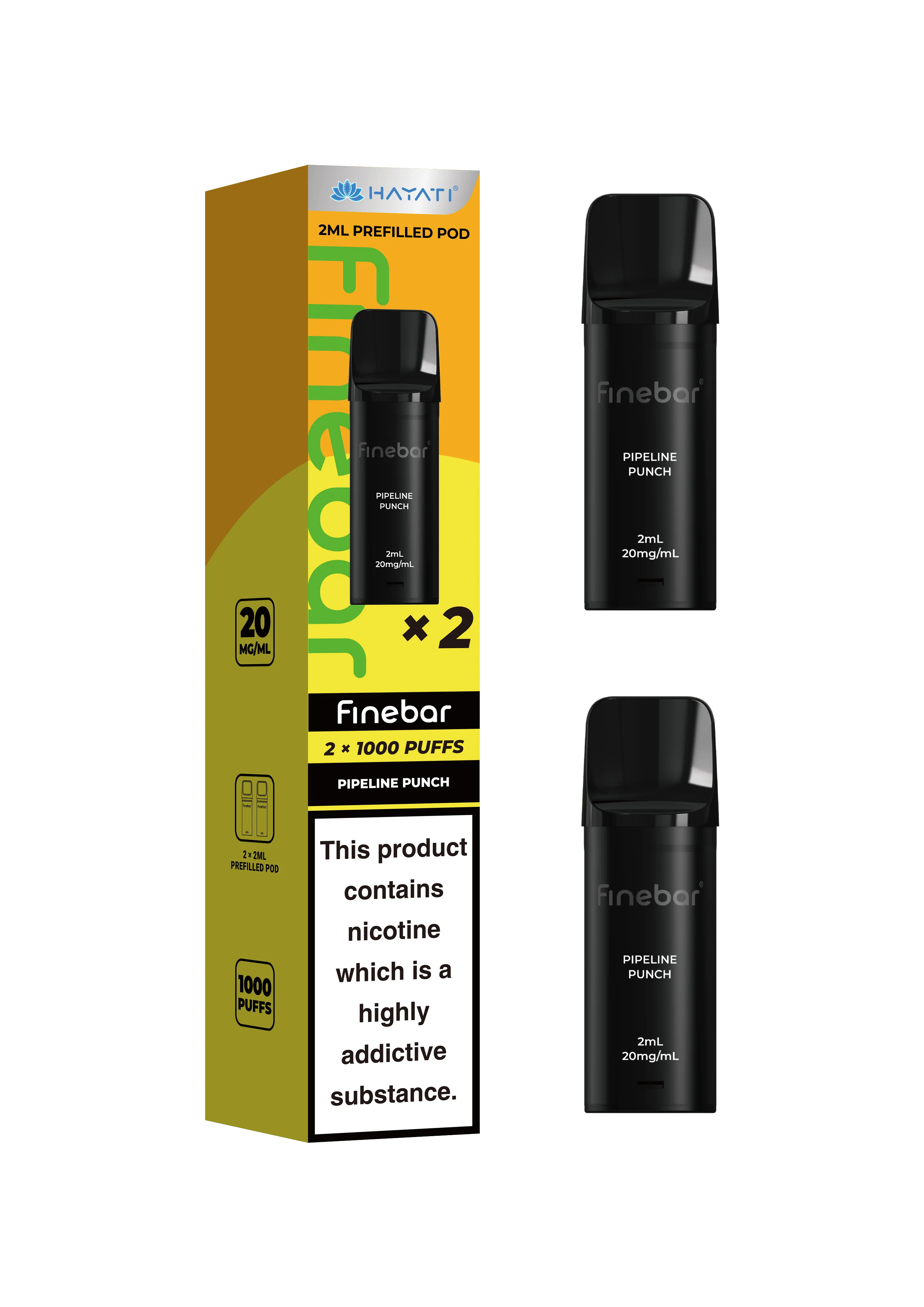 Black vape device with packaging on a white background