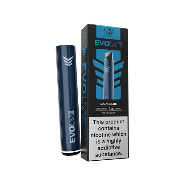 Evolve dark blue vape and box with nicotine warning label
