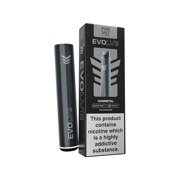 Gunmetal Pod Salt Evolve vape device with packaging
