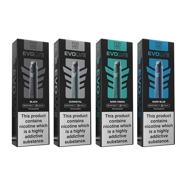 Evolve vape devices in black, gunmetal, green, and blue boxes
