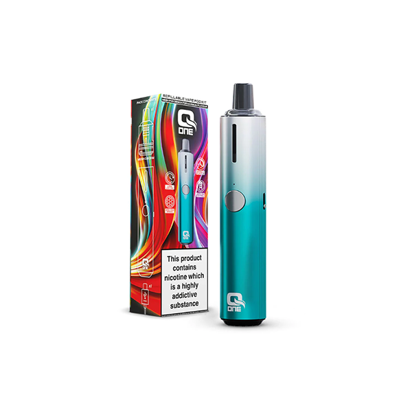 Q One blue vape device with box and nicotine warning label
