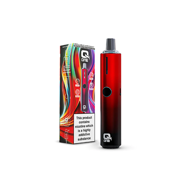 Q One red vape device beside colourful retail box with warning label
