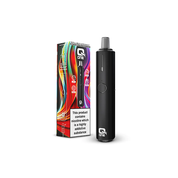 Black Q One vape pen with colourful box packaging