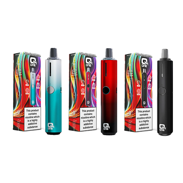 Four Q One vape pens with boxes in aqua, red, and black variants