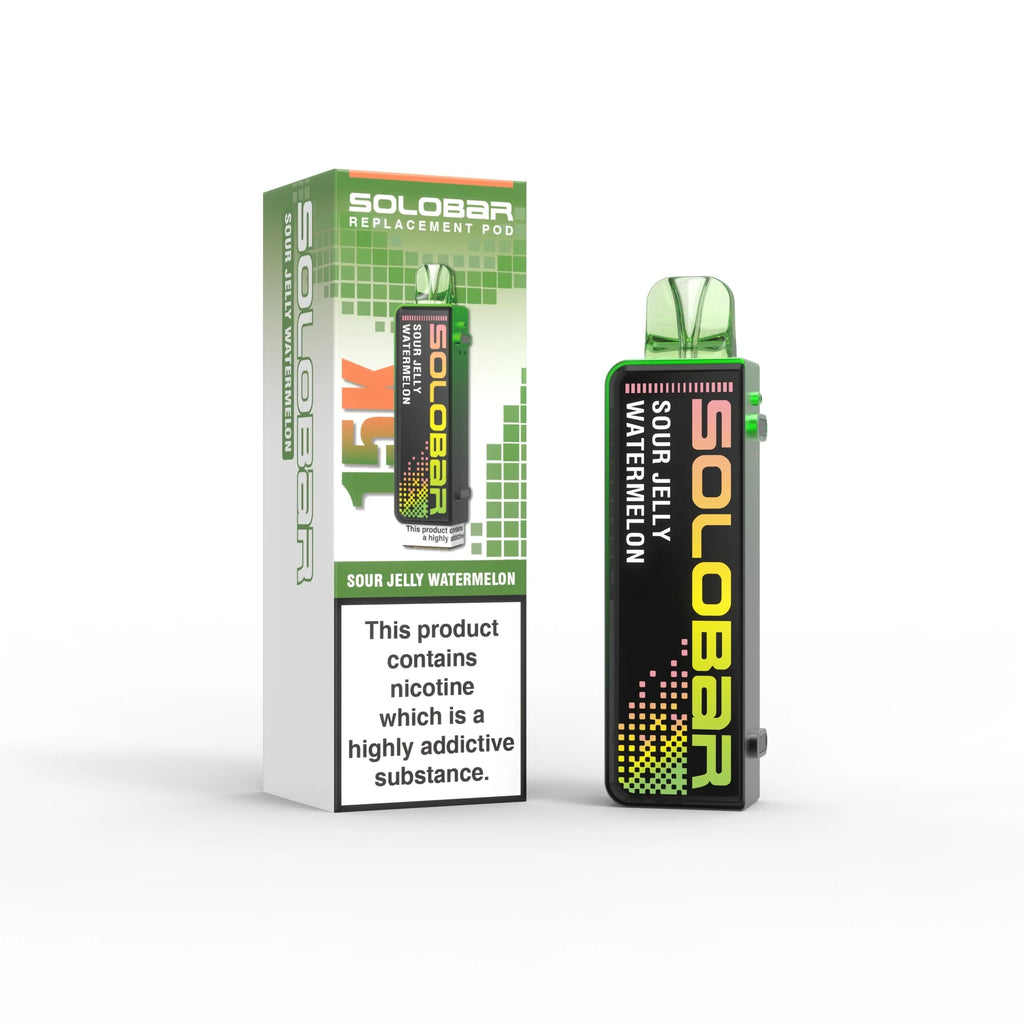 Solobar vape device and packaging on a white background