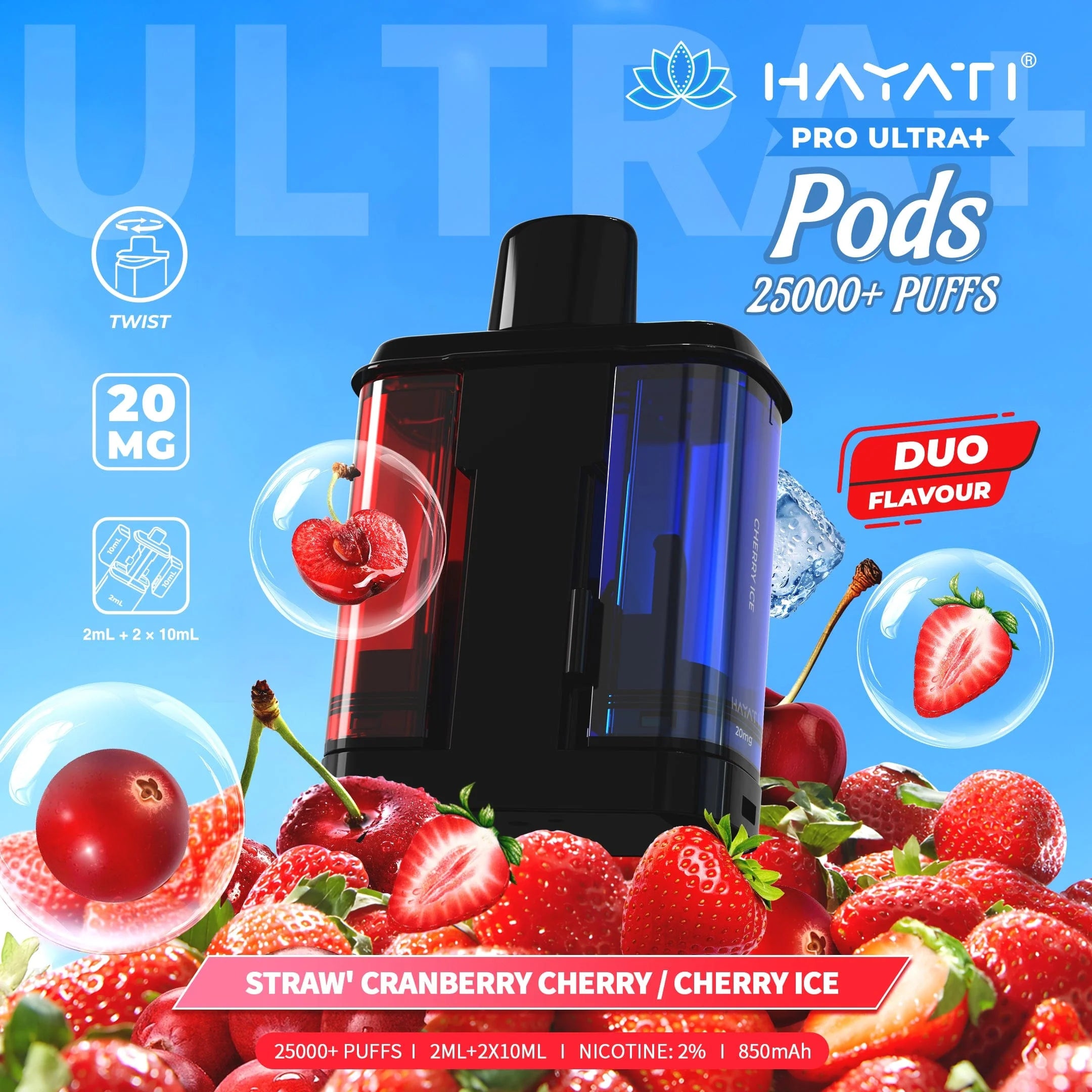 Vape pod with strawberry, cranberry, and cherry graphics on a blue background