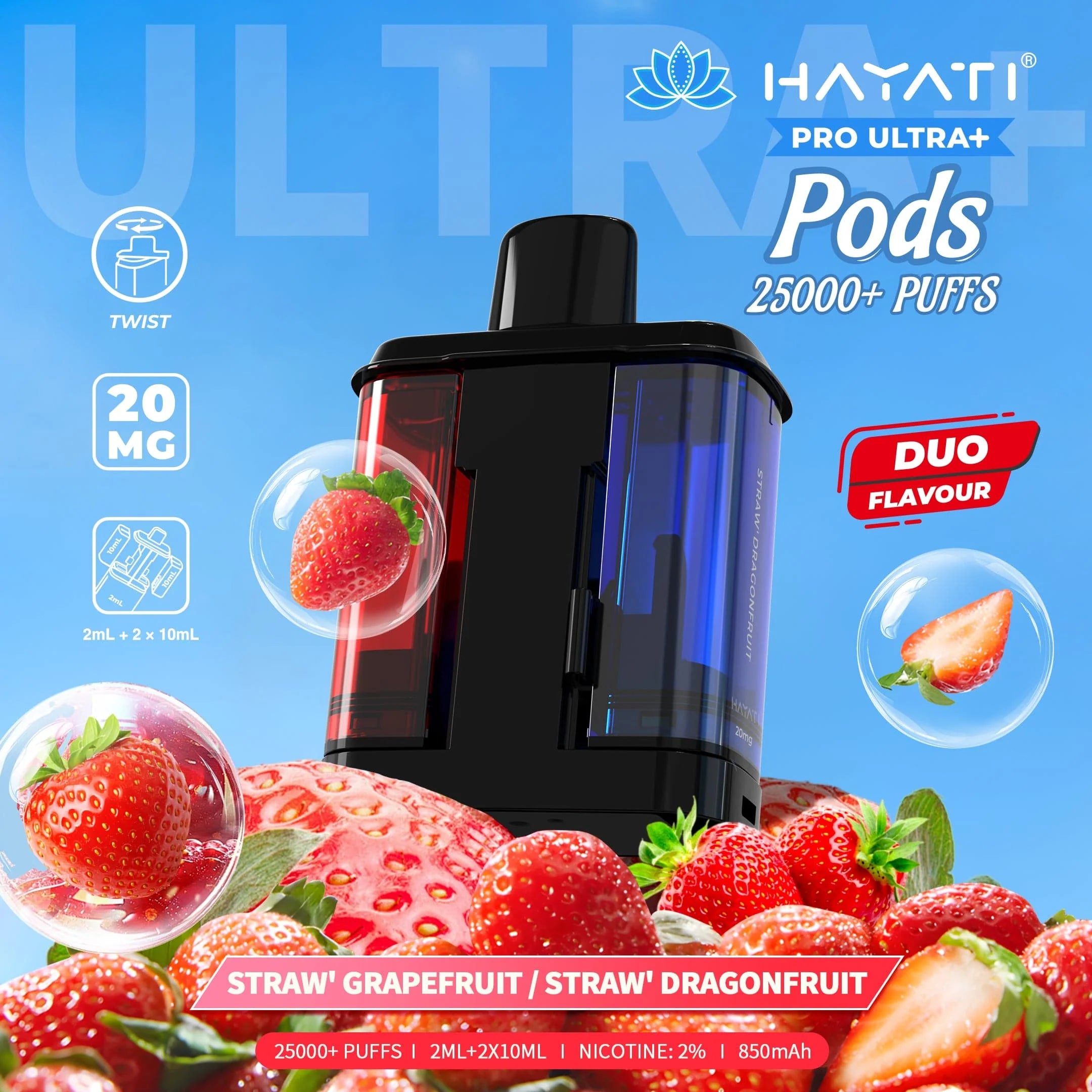 Hayati Pro Ultra+ Pods packaging with strawberry graphics on a blue background
