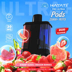Vape pod with fruit flavors and Hayati branding on a blue background