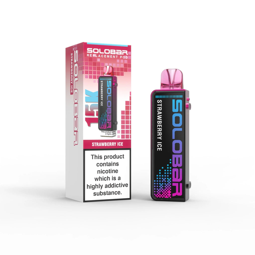 SOLOBAR Strawberry Ice vape device and packaging on a white background