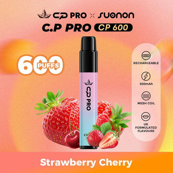 C.P Pro CP 600 vape device with strawberry and cherry graphics on a gradient background