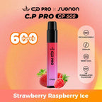 C.P Pro CP600 vape device with strawberry raspberry ice flavor on a gradient background