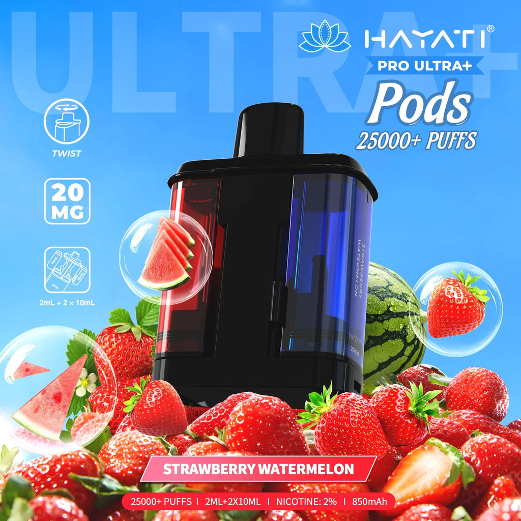 Hayati Pro Ultra+ Pods packaging with strawberry and watermelon graphics on a blue background