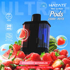 Hayati Pro Ultra+ Pods packaging with strawberry and watermelon graphics on a blue background