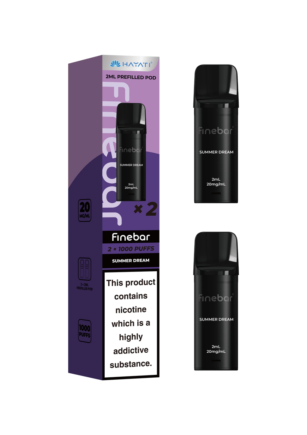 Black vape device with 'Finebar' branding and a purple packaging box on a white background.