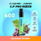 C.P Pro CP600 vape device with grapes and leaves on a gradient background
