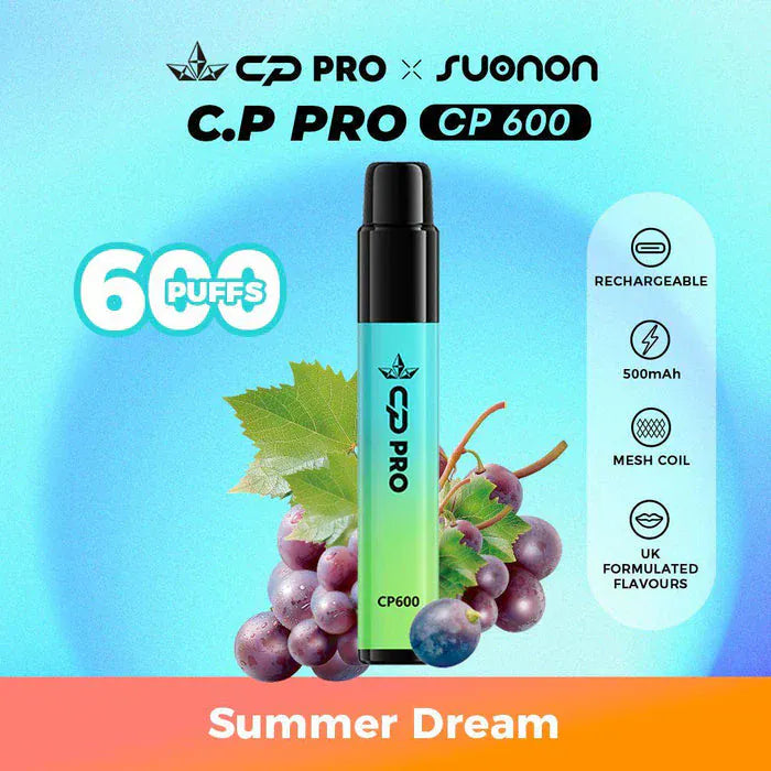 C.P Pro CP600 vape device with grapes and leaves on a gradient background