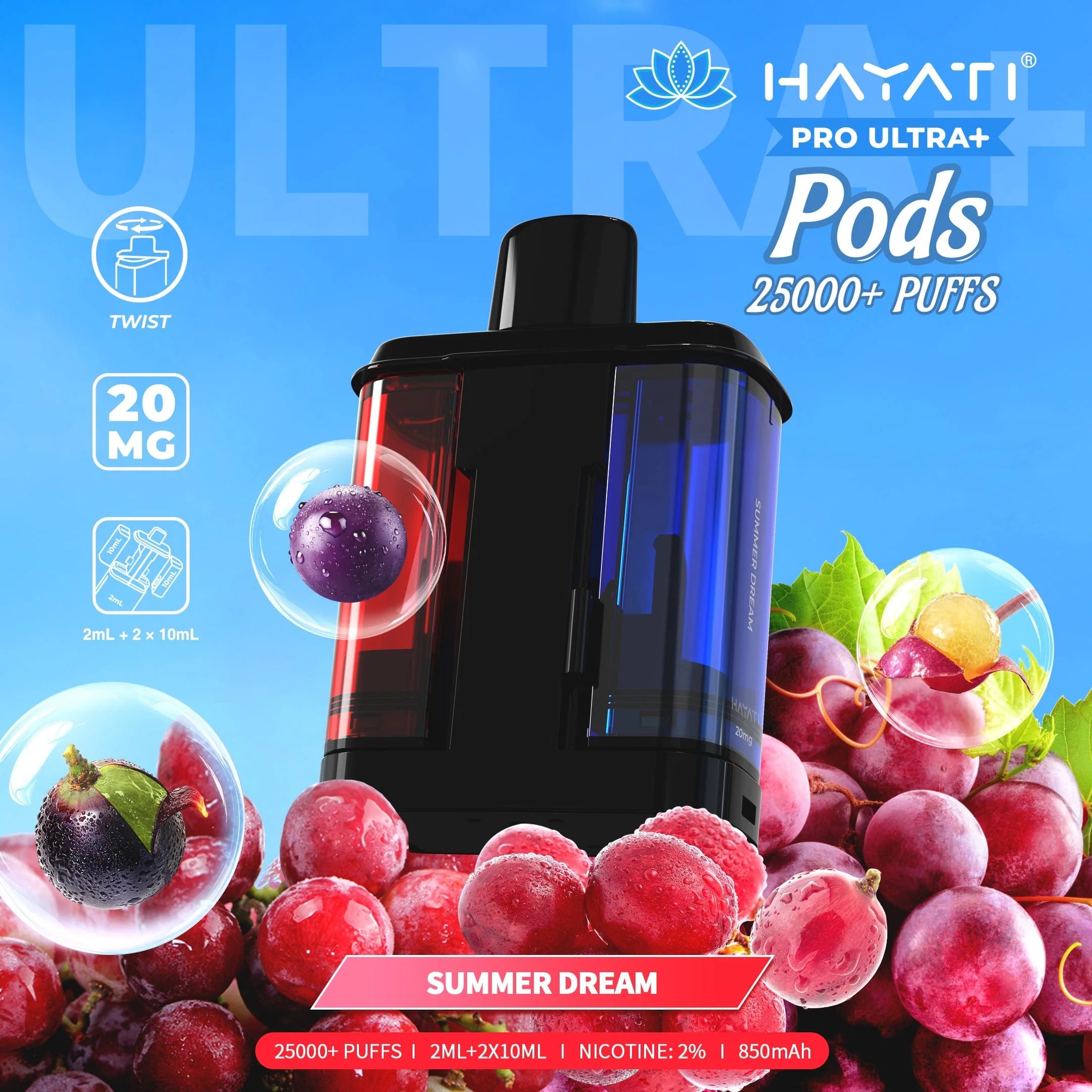 Vape pod with grape flavor on a blue background, featuring Hayati branding.