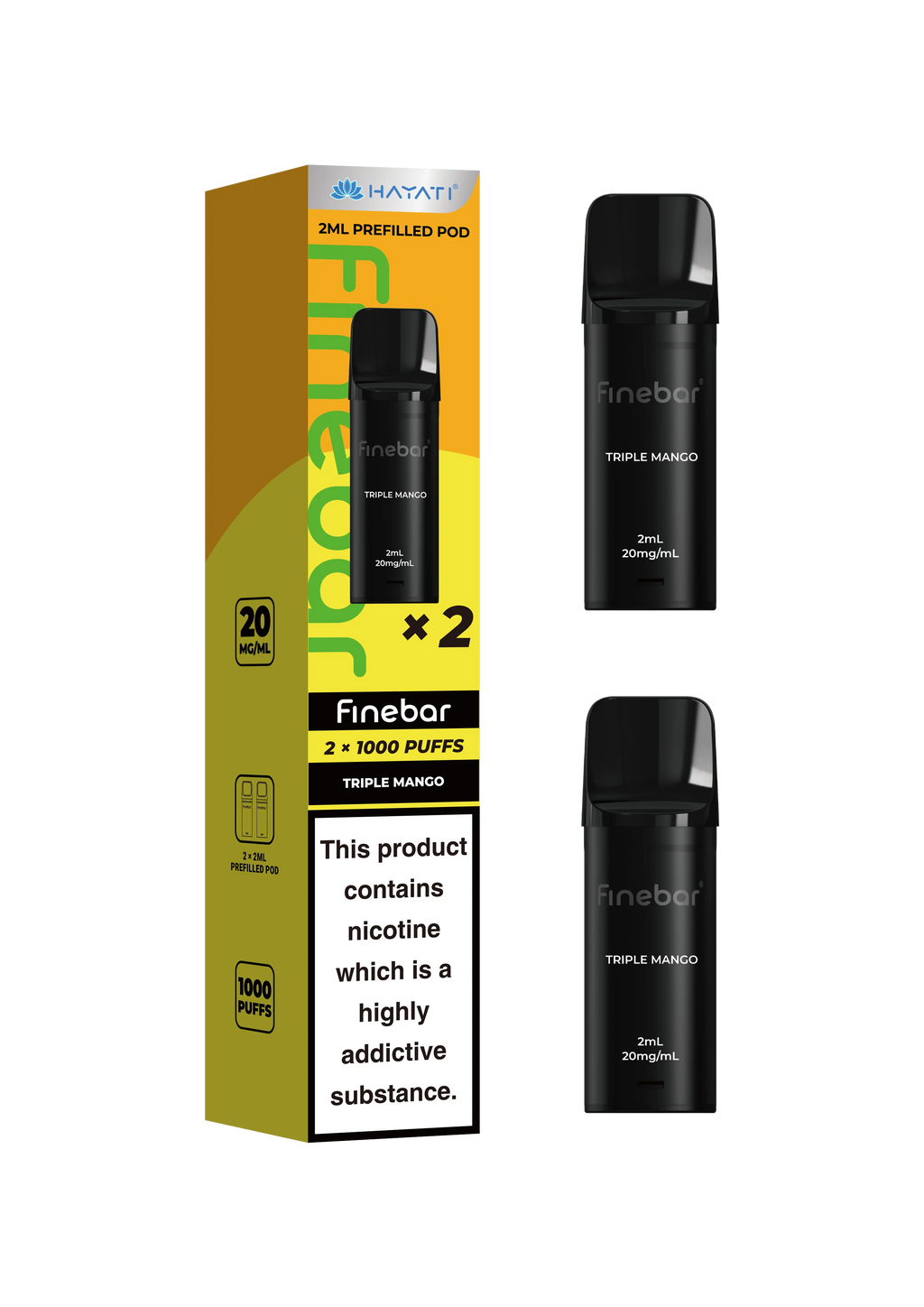 Black vape device with packaging on a white background