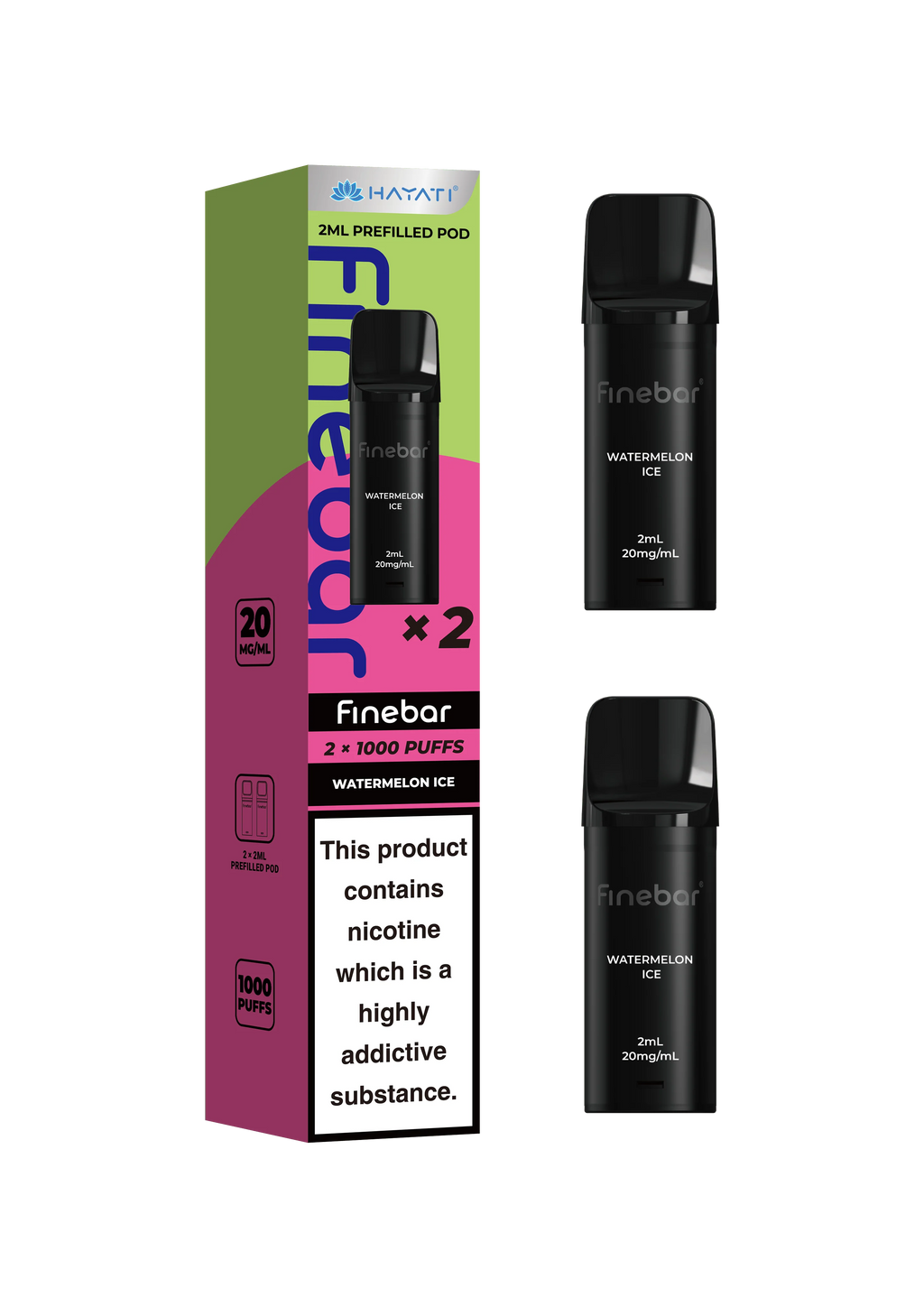 Black vape device with 'Finebar' branding and packaging on a white background